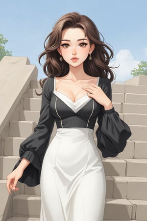 1girl, solo, long hair, looking at viewer, brown hair, black hair, long sleeves, dress, brown eyes, jewelry, earrings, parted lips, wide sleeves, white dress, lips, hand on own chest, stairs, realistic