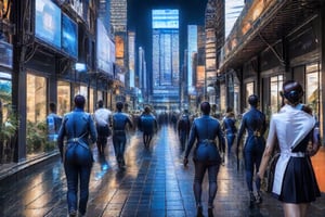 A futuristic metropolis rises, juxtaposing traditional African architectural motifs - intricate wooden facades, colorful textiles, and ornate metalwork - with sleek high-tech accoutrements: fiber-optic threads, holographic projections, and gleaming metallic accents. People stroll, dressed in avant-garde ensembles blending ancient patterns with modern gadgetry: VR headsets, smartwatches, and futuristic prosthetics.