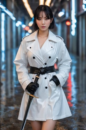 white marble background with reflections, woman holding a sword with her right hand, the sword passes behind the woman, left hand extended with the palm open, she is wearing a latex raincoat, half white, half black, cinched with a black and white belt, latex stockings up to mid-thigh, skirt opening, trench coat with short sleeves and wearing apretados latex gloves all over her arm. straight hairstyle black hair with bangs, , , , , ,xuer ai yazawa style girl,techwear jacket,black gloves,tactical ve,Samurai girl, , , ( lighting, dim lighting:1.2), simple background, LIGHT background, ,jisoo, , , 
,Colorize