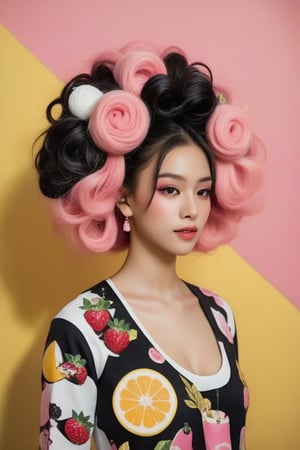 A girl has an elaborate hairstyle with a mix of black and pink tones, which could suggest a creative or rebellious personality. The presence of the colorful background may indicate a sense of vibrancy or action associated with the character. She wears an food inspiration outfit. The overall composition and style are indicative of a narrative-driven genre such as comics or graphic novels.,Pho