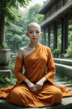 A serene Buddhist monkess, clad in traditional orange robes, sits majestically against a stunning backdrop of lush greenery and ancient stone structures. Her piercing brown eyes radiate inner peace as she cradles a sacred text, her delicate features illuminated by warm morning light filtering through the misty veil.,Supreme,Buhhdism 3555