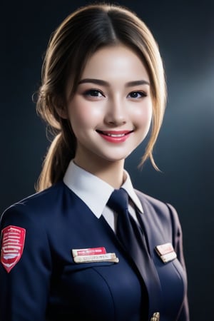 A regal portrait of young Hottest de L'Air, donning a sleek bun and flight uniform attire, radiates elegance with an effortless smile. Against a blurred background with subtle dark tones, her flawless complexion and expert makeup accentuate Elite beauty, exuding confidence and poise. Supreme digital art captures the subject's stylized features and poised expression in high-resolution detail.,portrait sticker,Pho