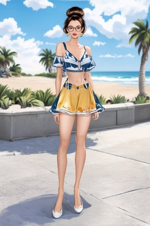 The image depicts a woman standing on a sidewalk in an urban setting. She is dressed in summer holiday outfit, combine colors perrfect.  She is accessorizing with a pair of glasses . Her hair is styled bun. In the background, there's a beach landscape. Realistic Enhance,digital art,Cartoon.