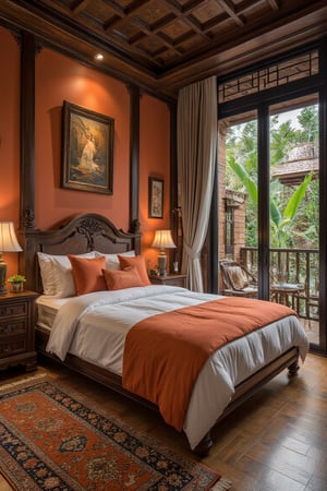 Captured from a high-angle perspective at eye-level, a beautiful bedroom is adorned with a vibrant orange and white bedspread, adorned with five pillows and a matching blanket. The bed is situated in the center of the frame, flanked by two wooden nightstands, each with a lamp on top of them. The walls are adorned with an ornate wooden frame, adding a touch of rustic charm to the scene. The floor is a light brown hardwood, with a patterned area rug in the foreground. The room is bordered by a glass sliding door, providing a glimpse of a balcony with a variety of greenery outside. The ceiling of the room is made up of dark wood beams, adding texture to the overall composition.,Enhanced all