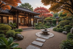 Create an image of a serene Japanese Zen garden in autumn, with a focus on the garden's natural beauty and tranquility. The scene should be framed with a wide-angle view, showcasing the garden's meticulous landscaping, featuring gravel paths, stone lanterns, and carefully arranged rocks. The lighting should be soft and warm, highlighting the vibrant autumn colors of the surrounding trees, with leaves in shades of orange, red, and yellow gently falling to the ground. The composition should emphasize the garden's harmony and balance, with a sense of peace and contemplation.,Enhanced all