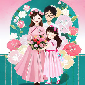 2D flat illustration, 1girl kid, 5yo, Vietnamese, long brown hair, pink pretty dress, hold some roses, smile.,2D Flat Illustration