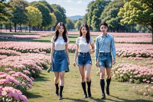 background is flower field,grass field,horizon,wind blowing,petals blowing,16 yo, 1 girl, beautiful girl,smile, wearing denim overalls skirt,long socks,standing on flower field,holding buquet, cowboy shot,very_long_hair, hair past hip, bangs, curly hair, realhands, masterpiece, Best Quality, 16k, photorealistic, ultra-detailed, finely detailed, high resolution, perfect dynamic composition, beautiful detailed eyes, ((nervous and embarrassed)), sharp-focus, full body shot,pink flower,flower.,Hyper,Attractive Vietnamese Girl,Perfect Anything,Enhance