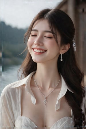 Beautiful, soft light, (beautiful and delicate eyes), very detailed, pale skin, big smile, (long hair), dreamy, medium chest, female 1, ((front shot)), bangs, soft expression, height 170, elegant , Bright smile, 8k art photo, photorealistic concept art, realistic, person, small necklace, small earrings, fantasy, jewelry, shyness, dreamy soft image, masterpiece, ultra high resolution, skirt, shirt, jacket, color , (both eyes (He gently closes his eyes, raises his head slightly, and appears absorbed in pleasant thoughts),dragon