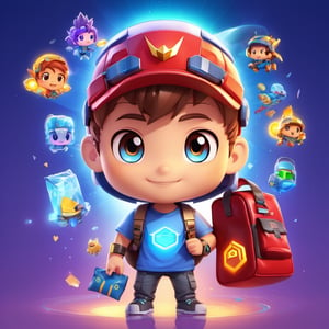 Chibi Mascot with head of a boy, wearing t-shirt that says "Halo",  holding a bag,Split lighting,3d style