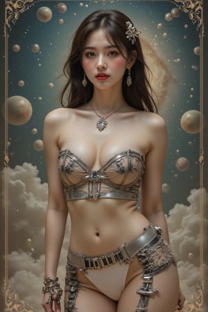 In a nostalgic 1920s-inspired setting, a ravishing Asian girl with a sweet, heart-shaped face and luscious locks is transported to a retro-futuristic realm. Her bot-like physique gleams with metallic sheen, as if crafted from silver rivets and polished chrome. A scarecrow's perfect anatomy adorns her chest, where a blaster pistol hangs seductively from each side. Long hair flows like starlight in the XL-ized background, amidst a swirling vortex of planets and galaxies.