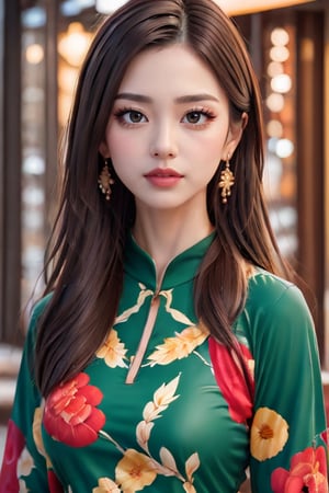 The portrait shows a woman wearing a green dress adorned with night-shaped patterns.,Fashionista ,NDP,Enhance,Perfect Anything,Wonder of Art and Beauty