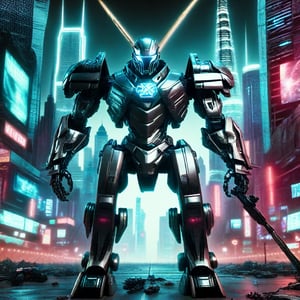 A dynamic scene of a robot warrior in mid-combat, its metallic limbs gleaming under the neon lights of a futuristic city street. The background features towering skyscrapers with holographic advertisements, and the ground is littered with debris from a recent battle. The robot is in a defensive stance, one arm raised to block an incoming attack, the other poised to strike. The lighting is dramatic, casting sharp shadows and highlighting the intricate details of the robot's armor. The composition is centered on the action, with the cityscape providing a high-tech, chaotic backdrop.