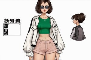 photography, character sheet of realistic cute girl in green crop top, short hair, open jacket, wearing sunglass, stylish, pink shorts, simple background, front , side, and behind,Cartoon