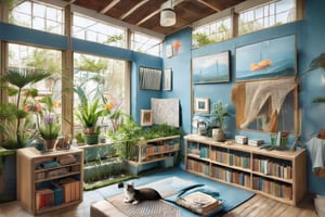 A serene bedroom setting: warm blue hues illuminate the space as natural light pours in through large windows, framing a lush garden below. Amidst scattered painting supplies and canvases on shelves, a curious Cat sits at a desk, surrounded by books and sketches, adding to the cozy ambiance. In the distance, vibrant exotic plants spill into the scene, creating depth and visual interest.