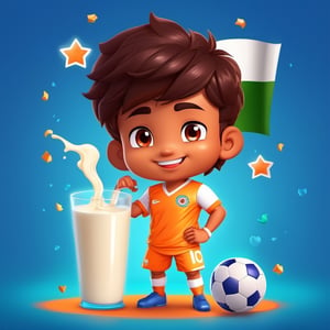 Chibi Mascot with head of a boy, wearing football kit of India, holding a milk product,Split lighting,3d style