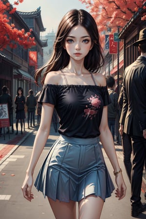1girl, solo, long hair,  looking at viewer, short skirt,Off the shoulders,Confidence and pride,1 girl ,beauty,masterpiece,best quality,girl,pastel,inksketch,Asia,motion ,Add Art more,Enhance,Worldwide trending artwork