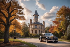 A majestic black 1920s Rolls-Royce majestically parked on a tree-lined road, framed by a sprawling Victorian mansion with a towering spire and prominent tower. The autumnal foliage, ablaze with vibrant orange and brown hues, creates warmth and depth. Overcast skies cast a moody atmosphere, contrasting the timeless elegance of the vehicle against the grandeur of the manor, set amidst a picturesque landscape.,Autumn landscape 