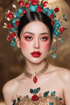 The image depicts a portrait of a person with stylized features. The individual has black hair styled in a bob cut and is adorned with an ornate headpiece featuring red and turquoise gem-like elements. The makeup is notable for its bold, red lipstick and subtle eye makeup, enhancing the person's contemplative expression. A detailed necklace with similar gem-like embellishments is visible, contributing to the overall aesthetic that suggests a blend of traditional and modern influences. The background is blurred with hints of gold tones, which serve to highlight the subject without distracting from the intricate details of the jewelry and makeup.