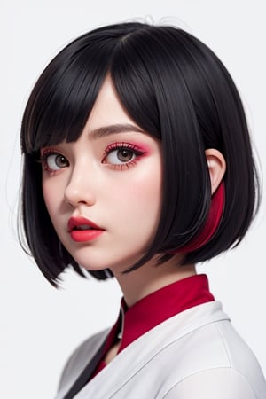 (((Pixx)))1girl,solo, upper body,looking at viewer, white background, bob cut, medium hair, multicolored hair, makeup , parted lips, red lips, eyeliner, 