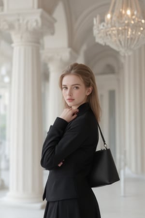 a woman stands in a stark white room, her hair cascades over her shoulders, her dress is adorned with a black button-down shirt and a black skirt. She is holding a black purse in her left hand, adding a touch of contrast to her outfit. The woman's gaze is directed towards the viewer, her eyes focused on something in the distance. A chandelier hangs in the upper right corner of the room, adding depth to the scene. The walls are adorned with intricate carvings, adding to the overall composition.