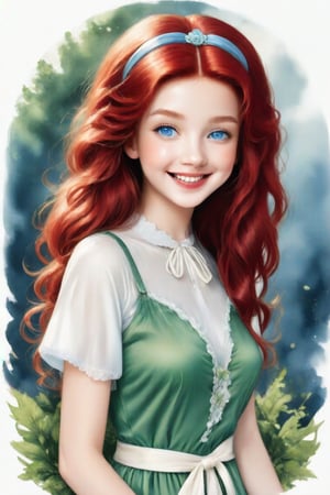 (Author Conrad Rosset), (1949s, 17-year-old girl, cute smile, blue eyes, long curly hair, blue hair, white ribbon, wink), mixed color watercolor, drawing, (deliberately beautiful),Cartoon,redhead,Supreme,Green Fashion,portrait sticker