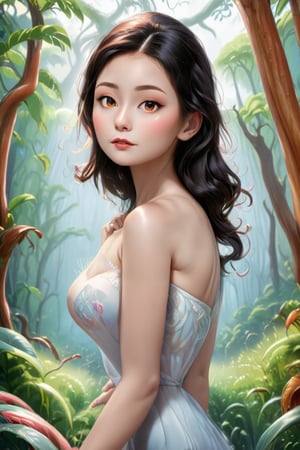 Truly Asian Beauty stands serenely amidst the mystical Indochinese forest, her porcelain skin glowing with a soft, ethereal light that weaves through the misty veil. Her delicate features are bathed in the warm, golden radiance, as if kissed by the gentle morning sun.,Indochina,Enhanced Realistic,Vietnam Beauty