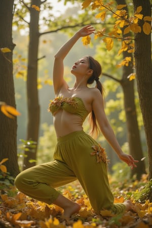 A tranquil autumn morning unfolds: a woman, radiant in her vibrant green and yellow leaf-adorned outfit, bends in harmony with nature as she practices yoga amidst a lush forest's towering trees. Soft, filtered sunlight casts gentle shadows across her serene features, blending seamlessly with the rustling foliage. Her pose exudes quiet contemplation, harmonizing perfectly with the autumnal landscape.