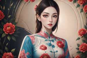 Create a modern-styled portrait of a gentle lady inspired by roses and love, utilizing the vibrant color palettes and sleek lines reminiscent of the works by Chinese contemporary artist Zhang Xiaogang.,Enhance,Daughter of Dragon God,Young beauty spirit ,Charm of beauty,portrait