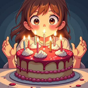 A whimsical anime scene:  a big birthday cake with ((((12 sparkling candles)) on the hands of a litttle girl.  