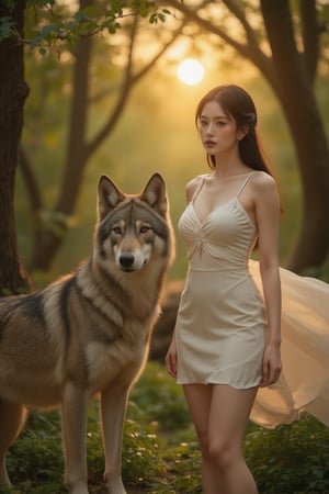 (masterpiece), (best quality),(ultra-detailed),(illustration),(extremely detailed),(perfect anatomy),(super detailed skin). A striking illustration of a wild wolf, its eyes locked on a beautiful, curvy woman who exudes confidence and allure. The woman, wearing a flowing white dress, stands tall and unperturbed, her body language asserting dominance over the wolf. The background is a lush forest, with a golden sunset casting warm hues over the scene. The illustration captures a powerful dynamic between the wild and the captivating, with an intriguing twist on the traditional hunter-prey dynamic., illustration