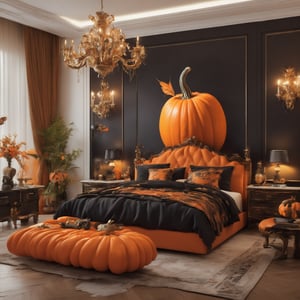 In a sumptuous bedroom, a majestic black and orange halloween pumpkin serves as a regal backdrop. Amidst plush furnishings, sleek modern devices glint in soft light, while Halloween decorations subtly infuse whimsy. A stunning, intricately detailed masterpiece awaits, where every element is meticulously retouched for XL- clarity.