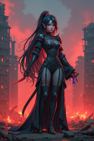 A cyborg geisha stands triumphantly amidst a smoldering metropolis, her raven-black tresses flowing like a waterfall down her back, framing her determined pose. Wearing samurai armor with neon accents, she holds her katana firmly in both hands, its gleaming blade reflecting the pulsating red and black hues of chaos behind her. Amidst the battlefield's ruin, neon-lit smoke billows through the air, casting an eerie glow on the devastated landscape.