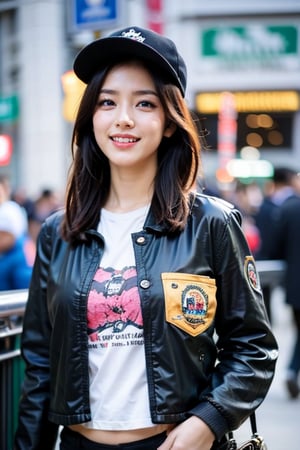 4k,best quality,masterpiece,20yo 1girl,(cropped jacket),(demin pant), alluring smile,baseball cap,

(Beautiful and detailed eyes),
Detailed face, detailed eyes, double eyelids ,thin face, real hands, muscular fit body, semi visible abs, ((short hair with long locks:1.2)), black hair, black background,


real person, color splash style photo,
