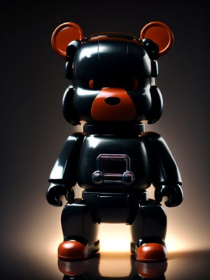 action pose toy by BearBrick. looking at the camera, pastel colors, glossy plastic, dark background, more detail, lighting intromedic 
