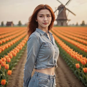 masterpiece, high quality, realistic aesthetic photo, pore and detailed, intricate detailed, graceful and beautiful textures, RAW photo, 16K, cinematic lighting, forcus on, windmill in the back of the tulip field, (cowboy shot), Dutch-young-girl, cute-face, orange curl short hair, beautiful eyes, cute smile, light-blue shirt, jeans,more detail XL,Wonder of Beauty,Colorize