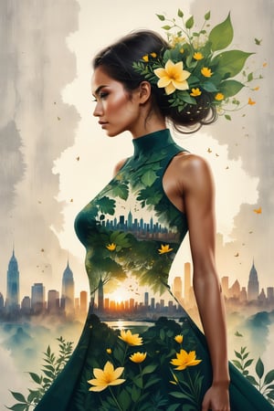 a photograph of a double exposure of a woman standing in front of a city skyline, her silhouette filled with the intricate details of botanical illustrations. The flowers matched her dress, transforming her into a powerful nature goddess with the concrete jungle at her command.,Replay1988,Melody,Perfect skin