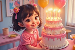 A whimsical anime scene: A curious and cheerful little girl, dressed in a bright pink dress with white flowers, stands proudly in front of a colorful background. She grasps a majestic birthday cake adorned with ((((12 sparkling candles)), its layers towering above her small frame. The warm glow of the candles illuminates her beaming smile, as she gazes directly at the viewer with shining eyes.