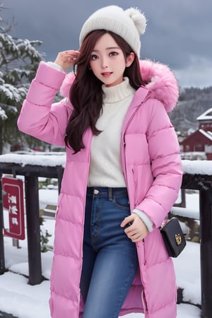 cute girl, long hair, fashion coat, pink winter coat, Jeans, standing looking up at the sky as snow is falling, winter city, cloudy, 4K, ultra HD, RAW photo, realistic, masterpiece, best quality, beautiful skin, white skin, 50mm, medium shot, outdoor, half body, photography, Portrait, ,chinatsumura, high fashion, snowflakes