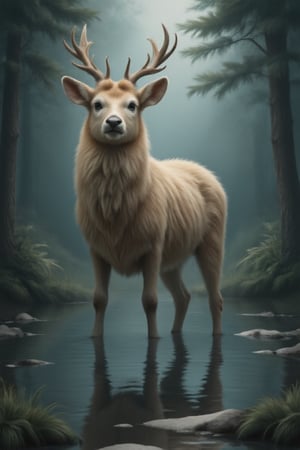 Detailed fine art print of a (Beautiful Deer, fluffy) standing in a moonlit beam, professional sinister concept art, by Art germ and Greg Rutkowski, water, reflection, an intricate, elegant and highly detailed digital painting, concept art , sharp soft focus, illustration, in the style of Simon Stalenhag, Wayne Barlowe and Igor Kierluk, an intricate, elegant and highly detailed digital painting, conceptual art award, colorful sharp soft focus, illustration, in the style of simon stalenhag, wayne barlowe and igor kieryluk.,Tenten