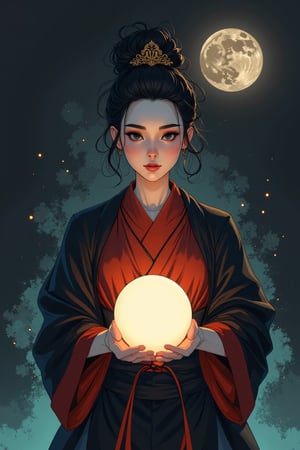 Whispers of the Moon: A minimalist anime-inspired illustration featuring a female samurai standing in front of a pitch-black background, surrounded by glowing particles. She holds an orb that casts a warm, ethereal light on her face, illuminating her determined expression. Her samurai attire is rendered in flat, vintage colors with bold lines and simple textures. The Will-o'-the-wisp's misty aura surrounds her, with the full moon visible above, casting a gentle glow on the scene. Composition: Close-up of the samurai's face and orb, with the background subtly hinted at. Art style: Flat, lo-fi, retro, vintage colors, simple yet detailed vector illustration.