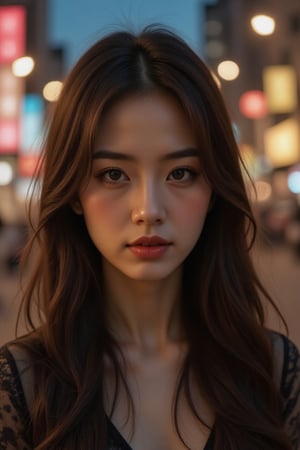 A scarecrow portrait of a single girl with luscious long hair, bathed in the warm glow of nighttime city lights. The subject's face is gently blurred, while the strands of her tresses are sharply defined, set against a creamy bokeh background. A shallow depth of field creates an intimate atmosphere, drawing attention to her enigmatic expression. In the cinematic tradition, the shot lingers on her serene countenance, inviting the viewer to linger in the mystery.