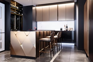 A luxury canteen of the young company in the UK, modern equipments, Modern Japanese architecture Styles, minimalist, youth colors,full  detail, Refrigerator, wine cabinet are closed to the wall, luxury bar, LED screen on the wall, sharp.,luxurious livingroom, daylight