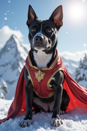 Cute black medium shaped pit bull female  terrier mix, with black hair small head, and black body, white streak of hair from under her head to the abdomen, big cute perfect brown eye, detailed background with a beautifully decorated mountain background, she is wearing a super female mecha  costume with swirling gold trimmed red  cape, bright sunshine, standing on top of snow capped mountain. Snow flakes falling. ,Energy light particle mecha