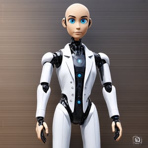 A solitary humanoid robot, with african-skinned facial features prominently showcased, stands firm against a modern metallic backdrop. The robot's slender figure is dressed in a crisp white lab coat, evoking a sense of innovation and intellectual curiosity. Its eyes seem to gleam with an air of confidence as it prepares to take on the world, embodying the essence of scientific ingenuity.,Cartoon