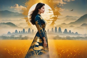 a photograph of a double exposure of a young white skin Vietnamese woman standing in front of a countryside skyline, her silhouette filled with the intricate details of sigital illustrations. The Vietnamese symbols matched her dress, transforming her into a patriot goddess with the concrete jungle at her command.,Replay1988,Melody,Perfect skin,Wonder of Beauty,Slender body