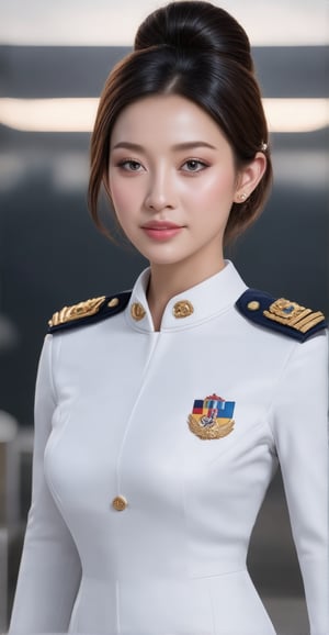 A stunning portrait of young hottest de l'air, showcasing stylized features, elegant facial expressions, and a radiant smile. Her hair is styled in a sleek bun, complementing her flight uniform attire. The high-resolution image is set against a blurred background with subtle dark tones, allowing the subject's beauty to take center stage. A flawless complexion and expert makeup application enhance her Elite beauty, exuding confidence and poise.,digital art