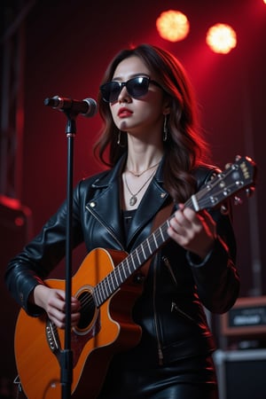 a woman with long brown hair, wearing a black leather jacket and black sunglasses, is standing in front of a microphone, holding a guitar in her hands. The guitar is a vibrant orange, with a black strap across the top of the guitar. She is wearing a gold necklace and a gold chain around her neck, adding a touch of charm to her outfit. The background is a dark red, with bright lights shining down on the right side of the image.