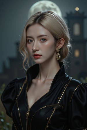 Elegantism, opulent scene, full portrait of a Victorian lady, heroic, black clothes, gold trim, full moon, castle, head and shoulders portrait, 8k resolution. (masterpiece, top quality, best quality, official art, beautiful and aesthetic:1.2), (1girl:1.4), upper body, blonde hair, portrait, extreme detailed, in the style of esao andrews,style,oil paint ,concept,fantasy