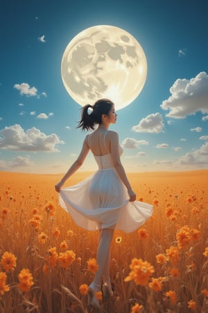 a painting of a girl walking in a field under a full moon, in the style of graceful movement, orange and azure, phoenician art, flower power, realistic yet romantic, pictorial fabrics, dance