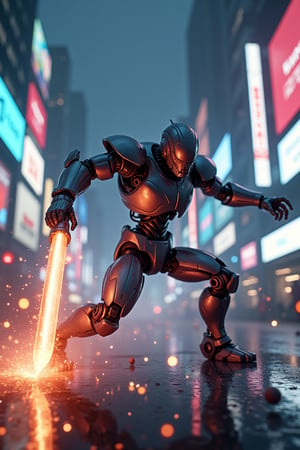 A dynamic action scene of a robot warrior in a fierce battle on the streets of a futuristic city. The robot is mid-combat, wielding a glowing energy sword, with sparks flying from its metallic limbs. The cityscape is illuminated by neon lights and holographic advertisements, casting a vibrant glow. The composition captures the intensity of the fight, with the robot's determined pose and the chaotic environment around it. The lighting is dramatic, highlighting the robot's metallic surface and the energy weapon.